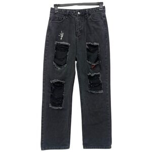 Distressed Black Jeans Spider Web Skeleton Embroidered Wide Leg Women's M
